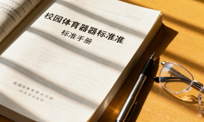 一本翻开的校园体育器材标准手册封面特写，旁边放置着一支钢笔和一副眼镜，光线从窗户斜射进来