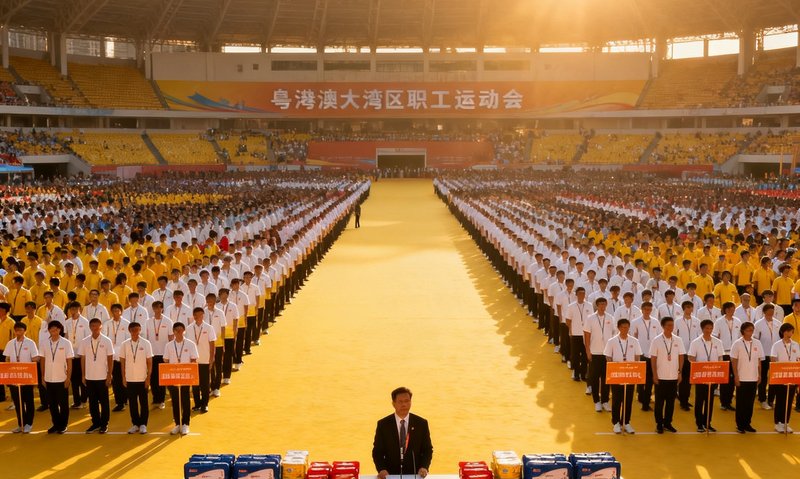 粤港澳大湾区职工运动会开幕式现场，数千名参与者穿着统一服装列队，主席台上摆放着彩神提供的赛事物资