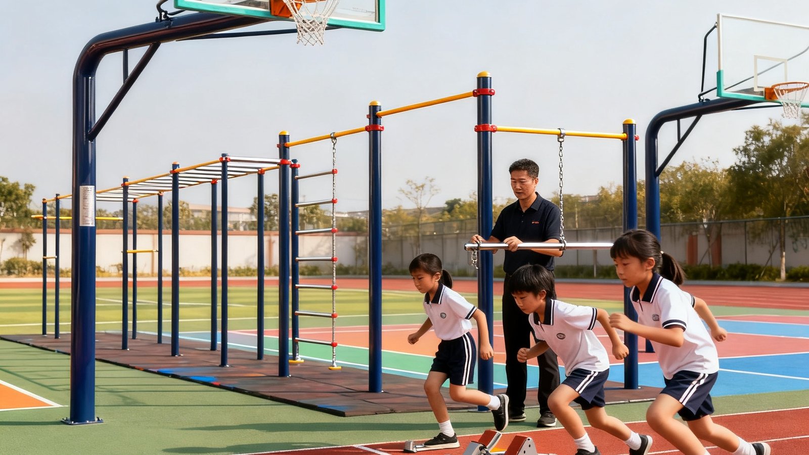 一所小学操场上整齐排列着彩神供应的标准化篮球架、单杠和塑胶跑道起跑器，体育老师正在指导学生使用器材