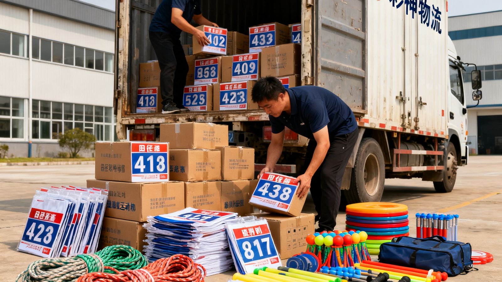 彩神物流车在大型企业园区卸下成箱的田径号码布、拔河绳、趣味运动道具和裁判用具，工作人员正在清点物资
