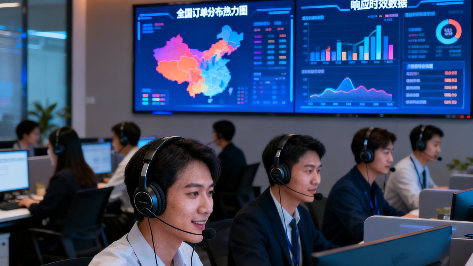 开放式办公区内数十名客服人员头戴耳机专注接听客户来电，墙面大屏幕实时显示全国订单分布热力图和响应时效数据